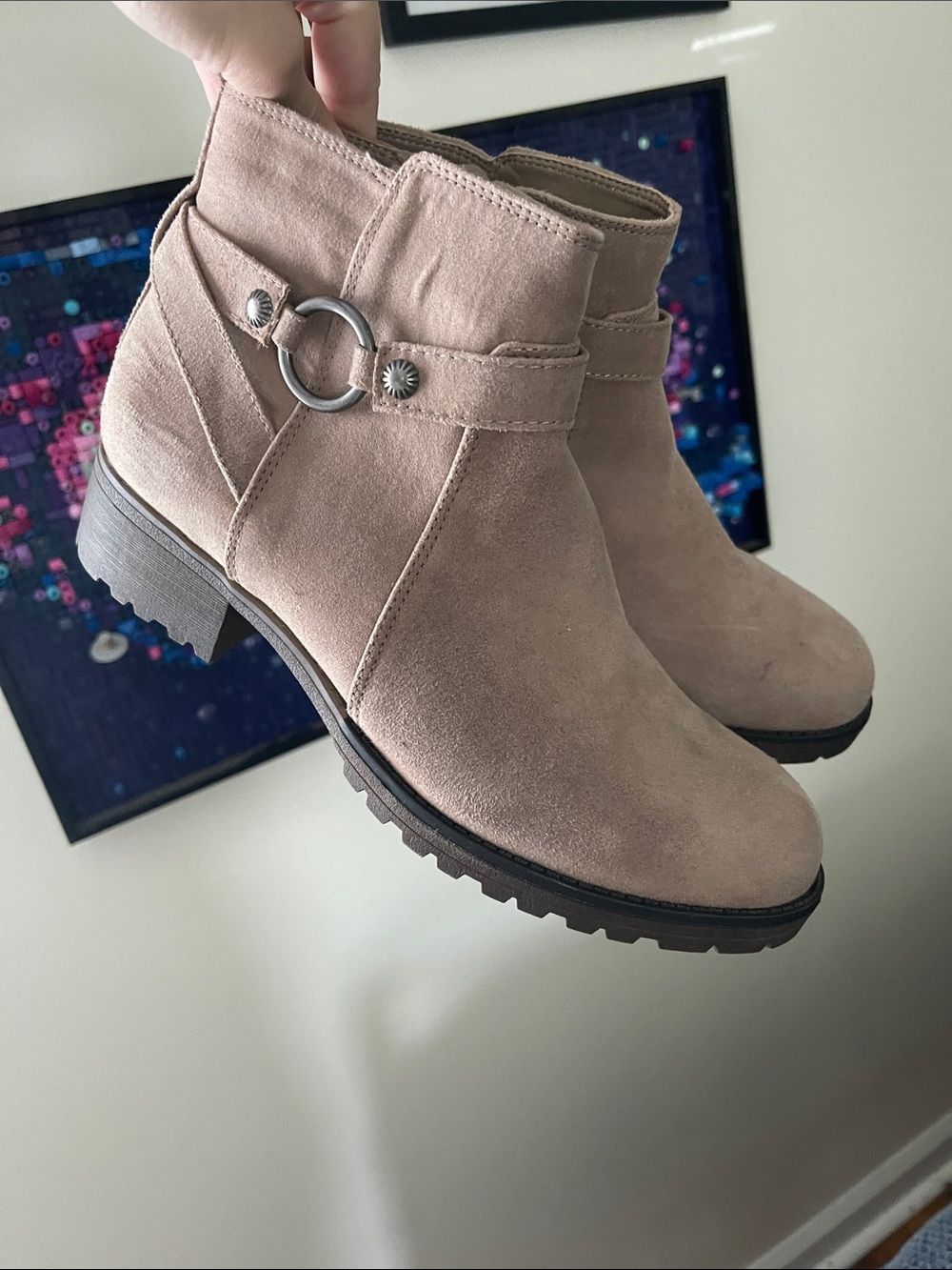 True Craft Taupe Suede Ankle Boots with Ring Buckle